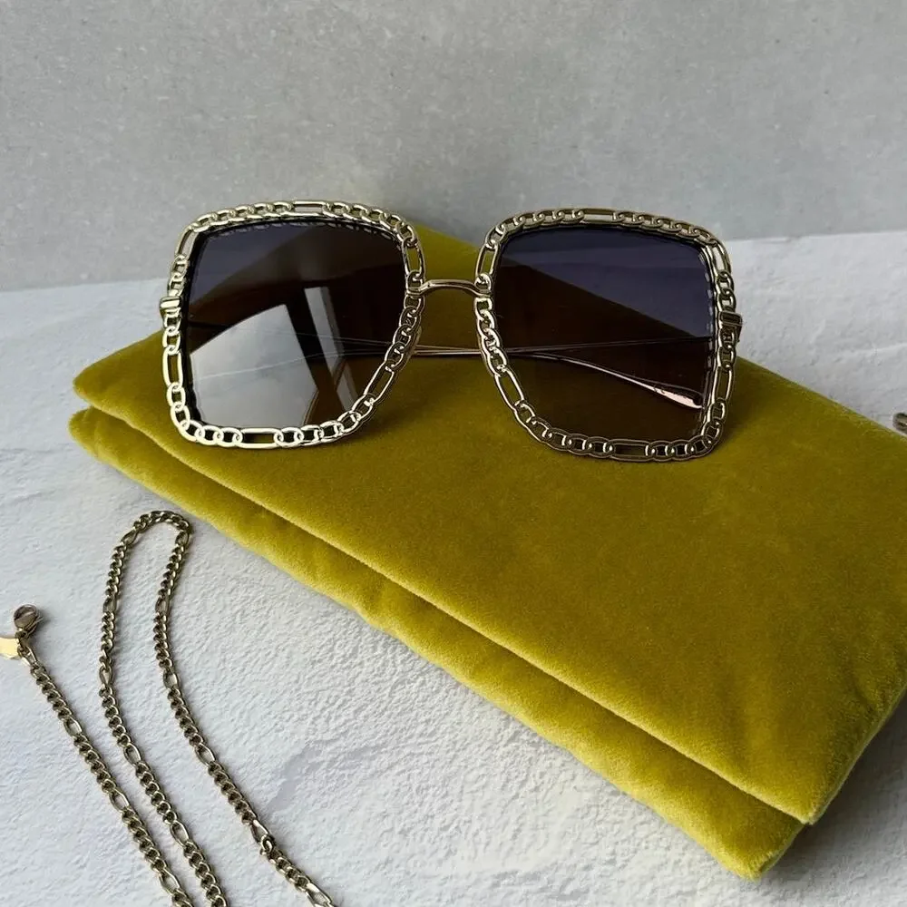 NEW Gucci GG1033S Oversized Gold Grey Lens Chain Sunglasses